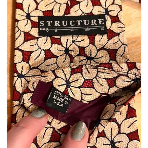 VTG 90s Y2k Structure 100% Silk Printed Floral Neck Tie Red Cream Corp Career - Picture 3 of 6